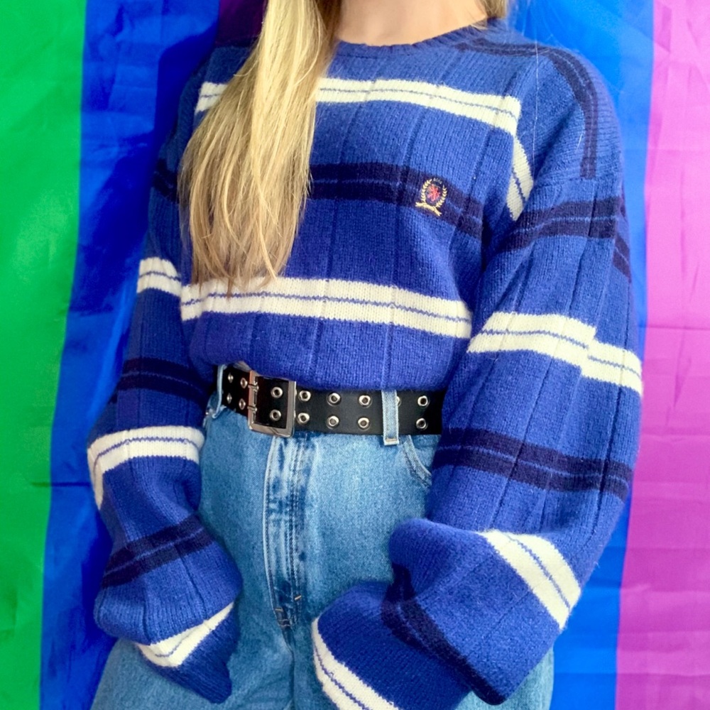 vintage striped tommy hilfiger wool sweater navy